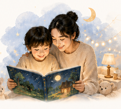 A parent and child reading while a picture book story unfolds into a warm illustrated world